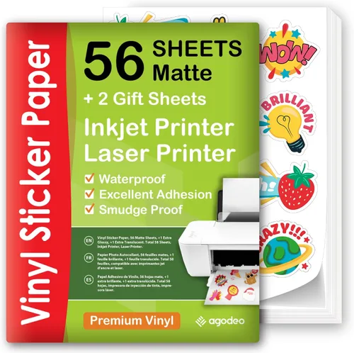 Vista 9 de Papel adhesivo de vinilo imprimible de calidad premium para impresora de inyección de tinta - 34 hojas autoadhesivas de color blanco mate