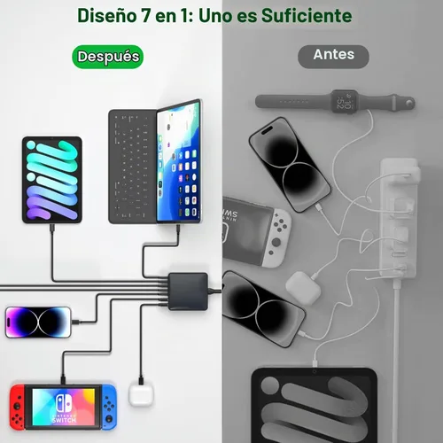 Vista 7 de Cargador USB C, estación de carga rápida USB C de 200 W y 7 puertos, cargador de laptop de 65 W compatible con MacBook Pro/Air, iPad, iPhone