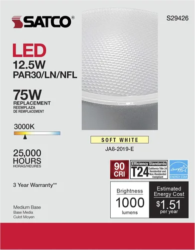 Vista 7 de Satco Bombilla reflectora LED de cuello largo PAR30 de 12,5 W, 120 voltios, 3000 K, 1000 lúmenes, 25 grados, ángulo de haz E26, base media