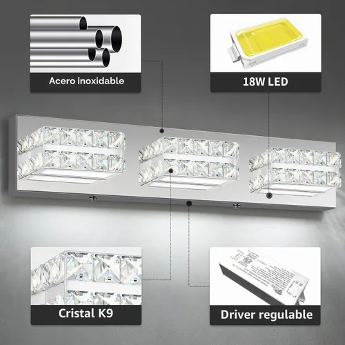 Vista 3 de OKELI Lámpara de tocador de cristal para baño, moderna lámpara LED de tocador para baño, lámpara frontal de espejo de cristal de 3 luces, 6000 K
