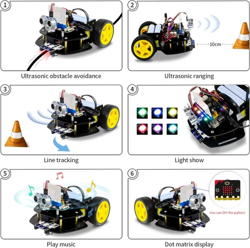 Vista 2 de Microbit - Kit de coche robot 2WD para Micro:bit V2 y V1.5 (no contenido), coche de codificación gráfica de código de imagen con sensor ultrasónico