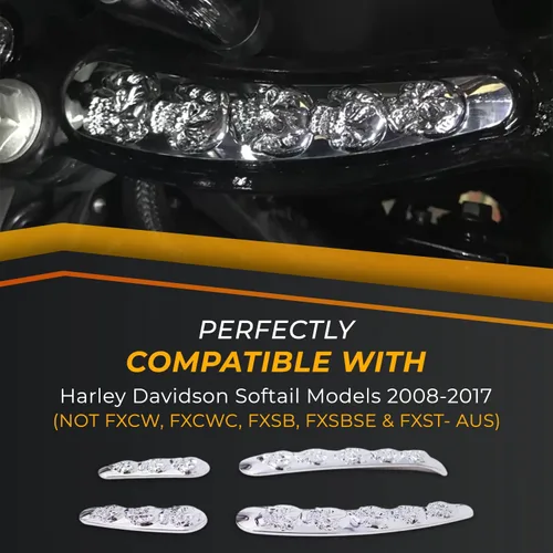Vista 6 de Inserto de marco de basculante de calavera cromada 3D personalizada 4 piezas para modelos Harley Davidson Softail 2008-2017