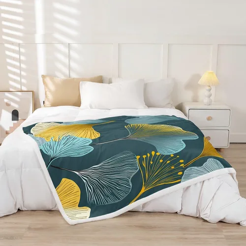 Vista 2 de Manta de hojas de Ginkgo de color amarillo, verde azulado, Ginkgo Biloba, manta de forro polar para niños y niñas, manta botánica de 40 x 50