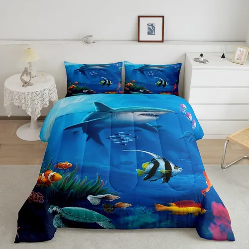 Vista 46 de Erosebridal Blue Ocean - Juego de edredón tamaño individual Juego de ropa de cama de ballena delfín y tortuga marina para niños y niñas, juego