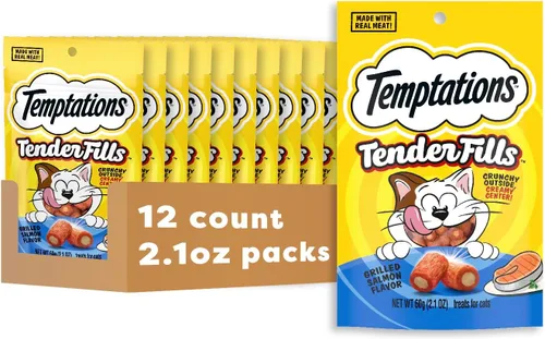 Vista 17 de Temptations Tender Fills - Golosinas crujientes y suaves para gatos adultos, sabor a pollo tostado, bolsa de 2.1 onzas (paquete de 12)