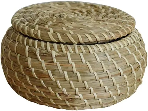 Vista 8 de Ochine Cajas redondas de ratán con tapa, bandeja de mimbre multiusos tejida a mano para picnic, comida y pan, cesta de almacenamiento, cestas