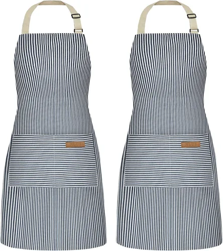 Vista 21 de NLUS Paquete de 2 delantales de cocina ajustables con babero, delantal de chef suave con 2 bolsillos para hombres y mujeres (rayas negras)
