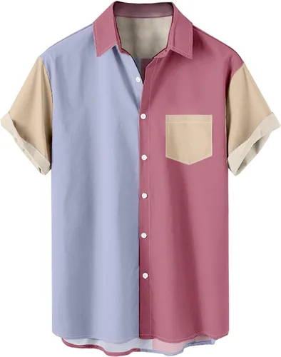 Vista 8 de Men's Color Block Button Down Shirts 2026 Summer Short Sleeve Hawaiian Shirt Loose Fit Lightweight Beach Vacation Tops
