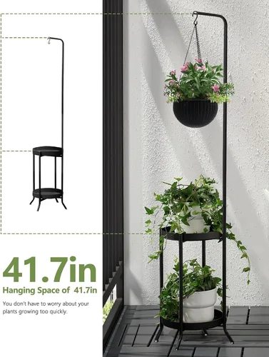 Vista 5 de RINBOU Soporte para plantas colgantes para interiores y exteriores, estante esquinero de metal para 3 macetas, 2 niveles de 61 pulgadas de alto