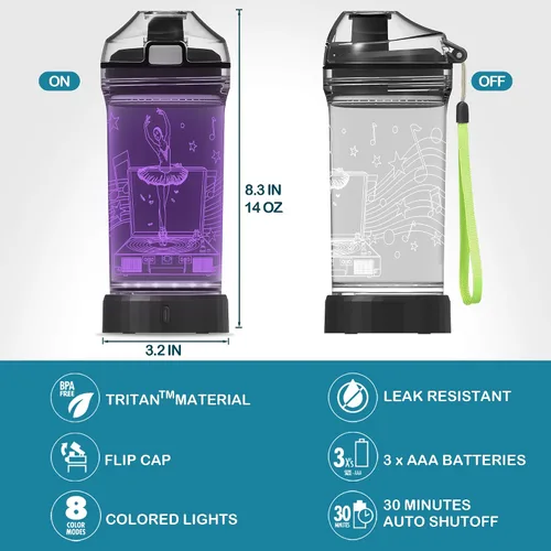 Vista 5 de YuanDian Botella de agua para niños con luz LED 3D - 14 onzas Tritan libre de BPA ecológica - 7 colores luz tazas de bebida geniales, regalo