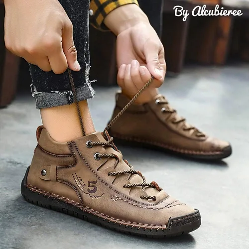 Vista 2 de alcubieree - Zapatos casuales de cuero para hombre, botines chukka sin cordones, mocasines ligeros, zapatos de conducción para caminar y conducir