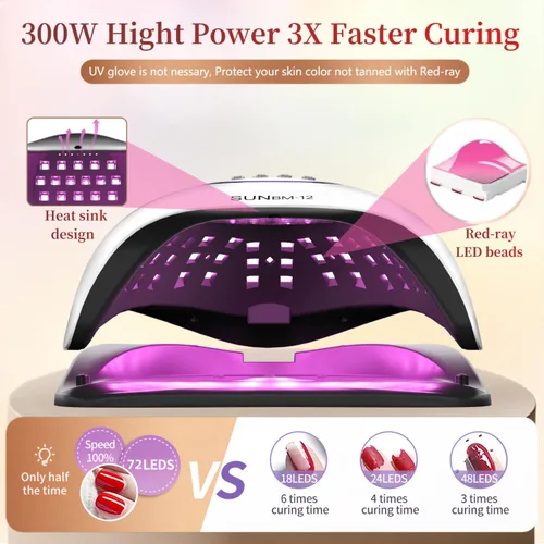 Vista 2 de Lámpara de uñas UV LED con 72 perlas, lámparas de curado de uñas de 300 W para esmalte de gel con sensor automático/4 ajustes de temporizador