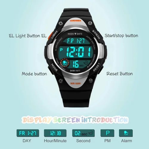 Vista 3 de Reloj digital deportivo para niños y niñas, resistente al agua, relojes electrónicos con alarma LED, cronómetro