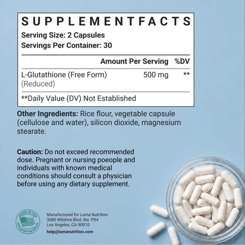 Vista 6 de Luma Nutrition Suplemento premium de glutatión - 500 mg - L-glutatión - Soporte antioxidante - Reducido - Soporte hepático - 60 cápsulas