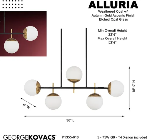 Vista 4 de GEORGE KOVACS P1355-618 Lámpara de araña Alluria Island, 5 luces, 375 vatios totales, 15.75 pulgadas de alto x 6 pulgadas de ancho, negro desgastado