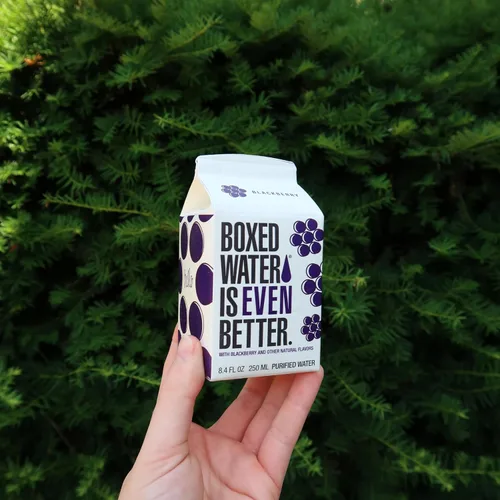 Vista 2 de Agua en caja de 8.5 onzas (paquete de 24) – Mora azul en cajas, sin BPA, cartones rellenables, alternativa sostenible al agua embotellada