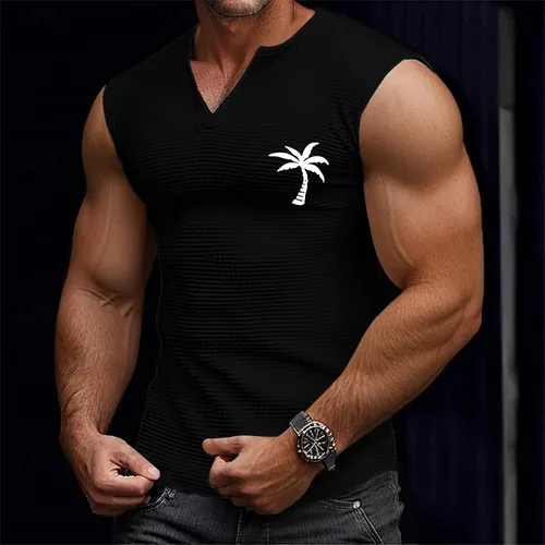 Vista 2 de Camiseta sin mangas con estampado gráfico de verano para hombre, cuello en V, talla grande, casual, recortada, para gimnasio, atlética, muscular