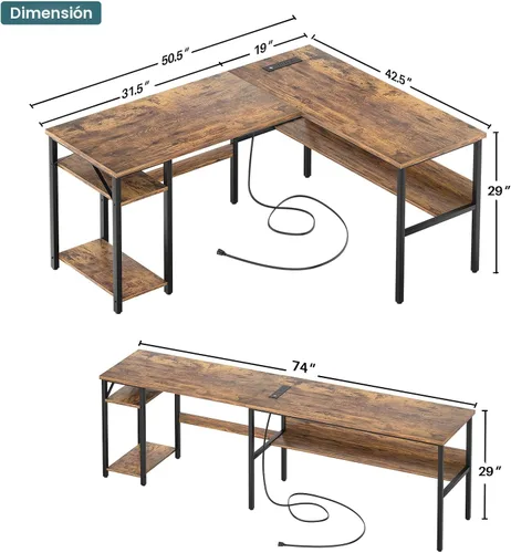 Vista 3 de Unikito Escritorio para computadora en forma de L con tomas de corriente mágicas y puerto de carga USB, escritorio esquinero reversible resistente
