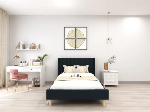 Vista 14 de Upholstered Bed Frame with Wingback Headboard and Wood Slats (Beige-Linen, Twin)