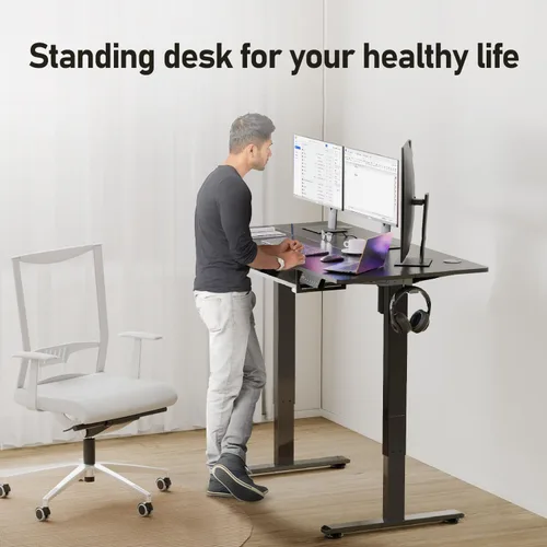 Vista 8 de Escritorio eléctrico de altura ajustable con bandeja para teclado, escritorio de pie sentado de 48 x 24 pulgadas, escritorio ergonómico para Negro