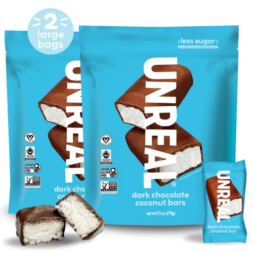 Vista 6 de UNREAL Barras de coco de chocolate oscuro (4 bolsas de tamaño económico), veganas, 0.11 onzas de azúcar y 3 ingredientes simples, sin OMG, sin