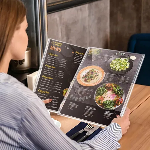 Vista 2 de Fundas de menú de 8.5 x 11, paquete de 18, 2 fundas para menú de restaurante, todas las fundas de menú de vinilo transparente, soporte para menú