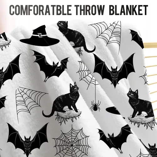 Vista 4 de Levens Manta de murciélago de Halloween, manta gótica de murciélago con diseño de gato negro, regalos para adultos, niños y mujeres, con temática