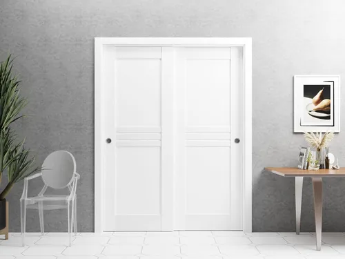 Vista 2 de VDOMDOORS Mela 7444 Puertas interiores de derivación, sin vidrio, MDF, 36x80, blanco, accesorios de estilo moderno incluidos