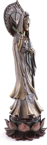 Vista 2 de Top Collection Estatua de Guan Yin de pie en pedestal de loto, escultura de Quan Yin de la diosa de la compasión y la misericordia de Asia oriental