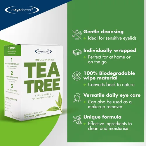 Vista 6 de The Eye Doctor Toallitas para párpados de aceite de árbol de té, 20 toallitas de limpieza de ojos de un solo uso para el cuidado diario de la tapa