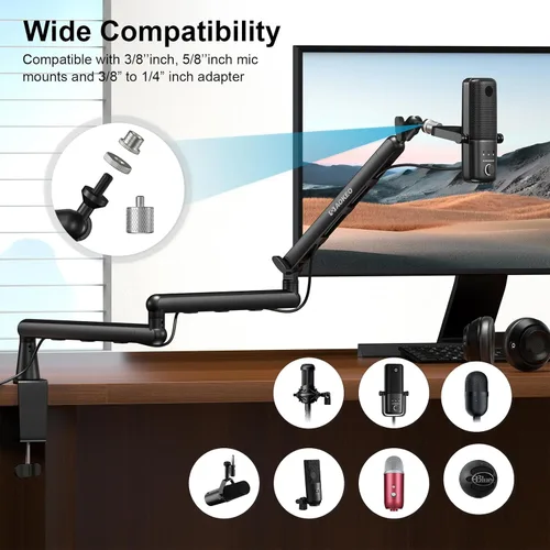 Vista 5 de Brazo de Micrófono, Aokeo AK-55i - Soporte de Brazo de Micrófono de Escritorio Ajustable de Bajo Perfil, Adecuado para Blue Yeti, Snowball iCE