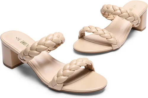 Vista 3 de DREAM PAIRS Zapatos de tacón bajo con dos correas trenzadas para mujer, puntera abierta, tacón grueso, sandalias de tacón grueso, para fiestas