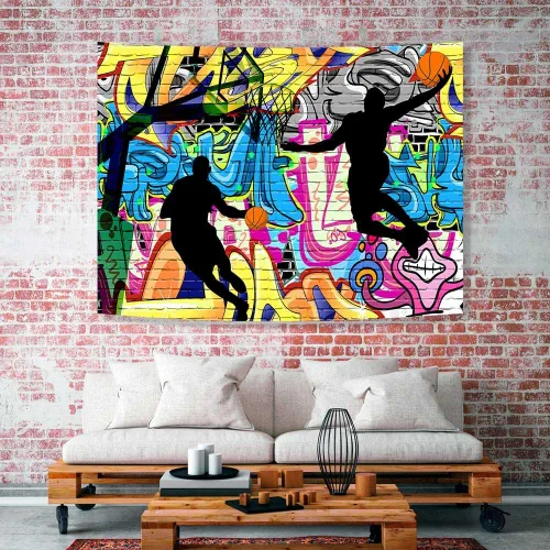 Vista 2 de Ine Ive Tapiz deportivo de baloncesto con graffiti nostálgico, póster de pared de arte callejero de 40 x 30 pulgadas para niños, silueta de tiro