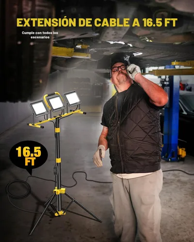 Vista 6 de Luces de trabajo LED mejoradas con soporte, 21000 lúmenes, luz de trabajo ajustable de 3 cabezales, trípode plegable impermeable, cable extendido