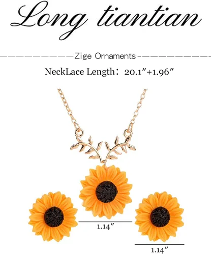 Vista 2 de Long tiantian Juego de aretes de girasol, collar de girasol bohemio para mujeres y niñas, aretes colgantes de girasol de moda para verano, delicado