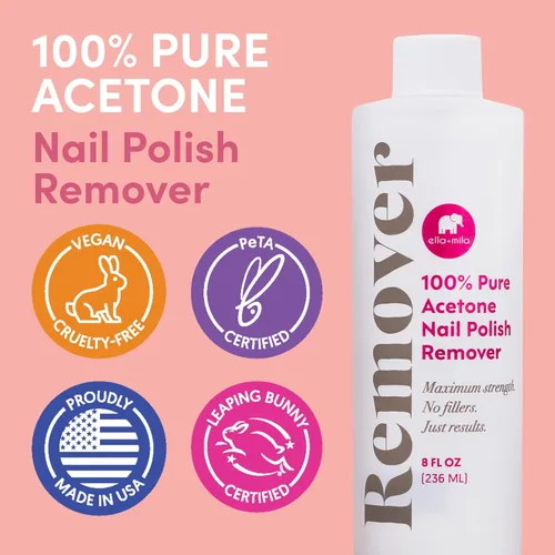 Vista 3 de ella+mila - Removedor de esmalte de uñas de acetona 100% pura para acrílico y gel, 8 onzas líquidas