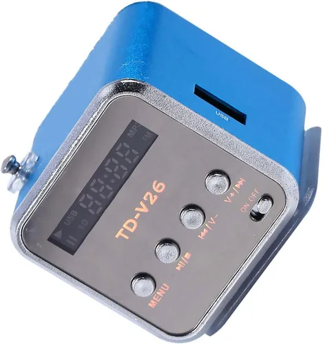 Vista 5 de Altavoz de radio FM portátil, MP3 MP4 estéreo digital, reproductor de música, soporte para tarjeta TF, disco USB, batería de 600 mAh, mini altavoz