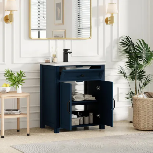 Vista 4 de Henf 28 Inch Bathroom Vanity with Ceramic Integrated Sink, Blue Bathroom Storage Cabinet with 2 Soft Close Doors,1 Tilt-Out Drawer,Reinforced Corner