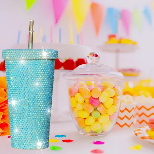 Vista 3 de Tazas de café helado con purpurina de diamante, taza de agua azul brillante con tapa y popote para agua para mujer y niña, 2