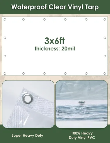 Vista 3 de 20 Mil Heavy Duty Clear PVC Tarpaulins 3 x 6 FT, Waterproof Wind-Proof Transparent Vinyl Tarp for Patio Pergola Garden Canopy Rainproof Anti-Tear