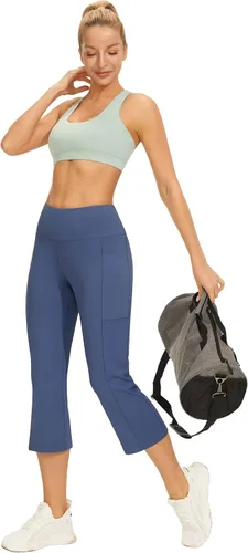 Vista 6 de AFITNE Pantalones de yoga capri de longitud completa para mujer, con bolsillos, cintura alta, acampanados, para entrenamiento, pantalones de trabajo