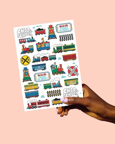 Vista 5 de xo, Fetti Suministros de fiesta de tren tatuajes temporales para niños, 48 estilos, cumpleaños de trenes, recuerdos de fiesta Choo Choo