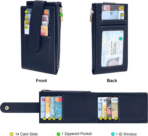 Vista 4 de Chelmon Billetera de mujer delgada con bloqueo RFID plegable multitarjetas con bolsillo con cremallera, Azul marino, Talla única, Minimalista