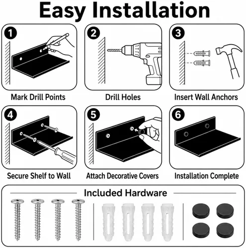 Vista 5 de Z metnal Estantes flotantes pequeños, mini estante de metal para pared, aluminio, montado en la pared y sin taladro, negro, 4.7 pulgadas, paquete