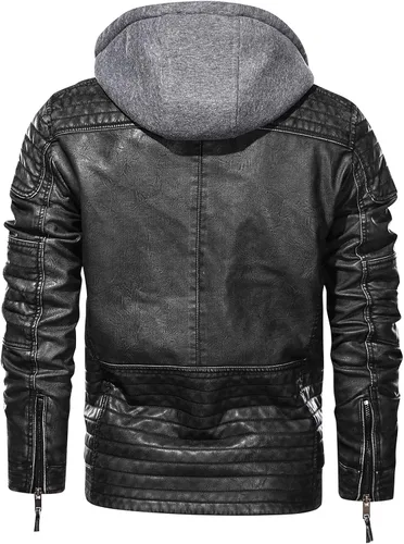 Vista 3 de MANSDOUR Chaqueta de piel sintética para hombre, color negro cálido, chaqueta bomber para motocicleta con capucha extraíble