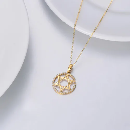 Vista 4 de Collar con dije de estrella de David de oro de 14 quilates para mujer, oro amarillo sólido judío de seis puntas con estrella de David, joyería