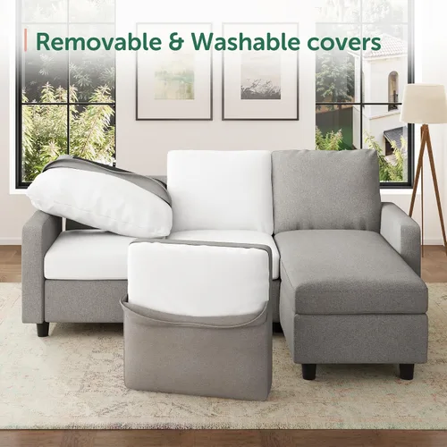 Vista 5 de HONBAY Sofá seccional convertible en forma de L con tela de lino, sofá reversible para espacio pequeño, gris medio claro