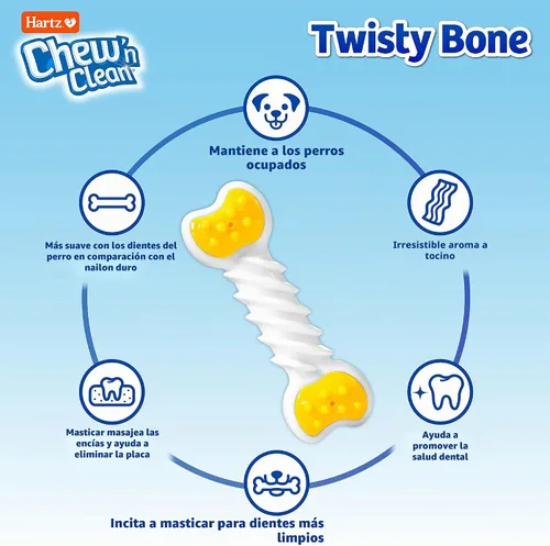 Vista 2 de Hartz Chew 'n Clean Twisty Bone - Juguete masticable para perros con aroma a tocino para masticadores moderados, extra pequeño