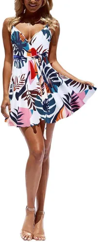 Vista 3 de CASURESS - Vestido corto de verano para mujer, con cuello en V, estampado floral, acampanado, tirantes delgados, sin mangas, estilo patinadora