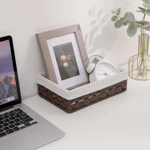 Vista 5 de Cesta rectangular de mimbre con forro, cesta decorativa para mesa de café, organizador de encimera de baño, organizador rectangular de cajones